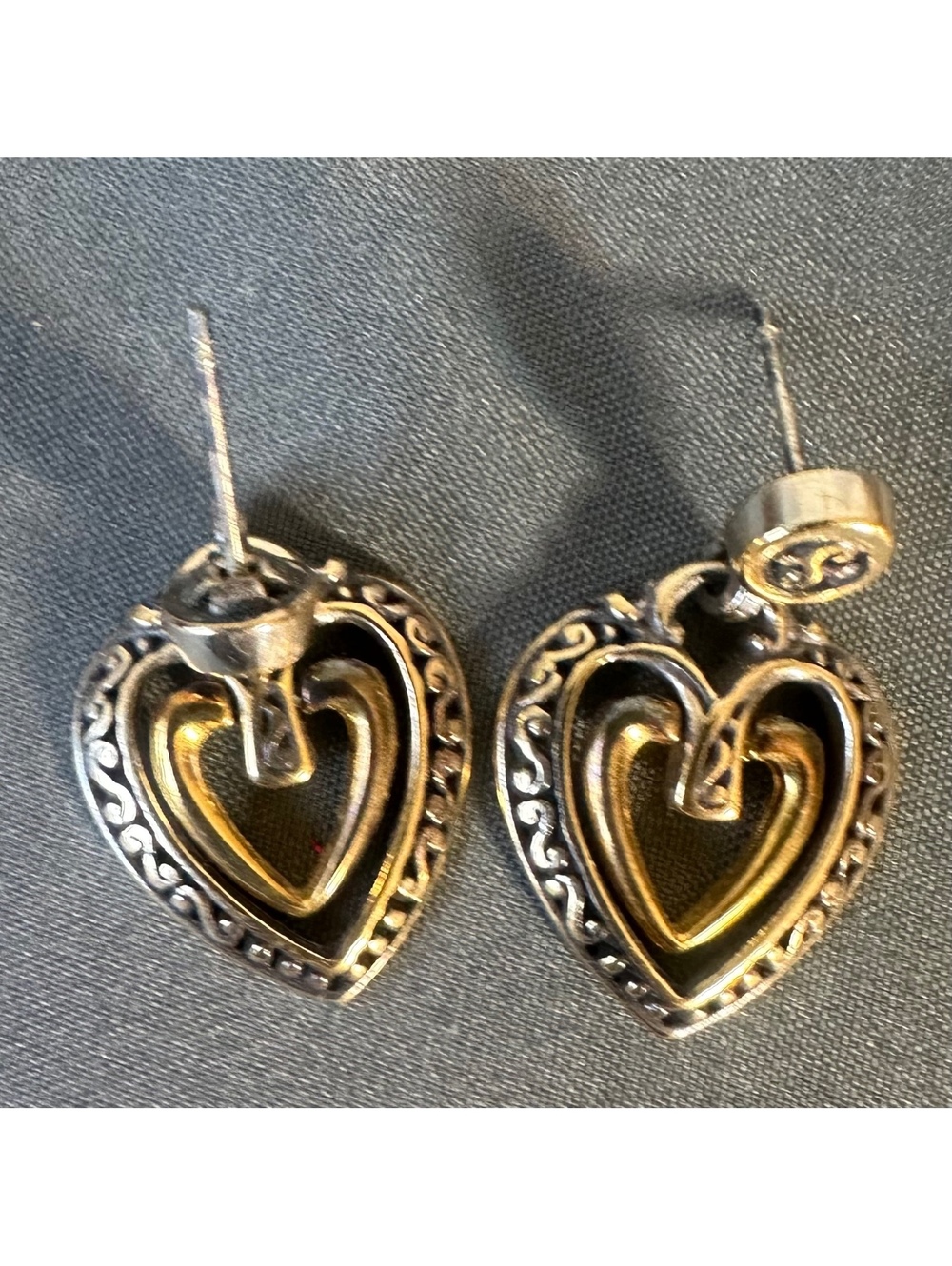 Brighton Two-Tone Silver and Gold Heart Drop Earrings Scrollwork